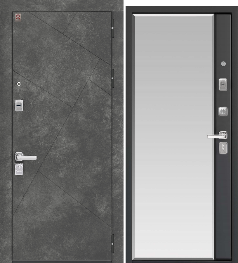Дверь стальная ЦЕНТУРИОН С-114 (Черный муар+серый камень - зеркало +Смоки софт)